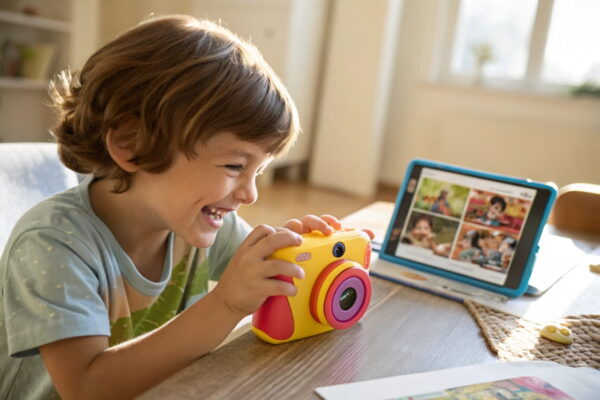Kinderkamera mit Lernfunktionen und Foto-Apps entdecken Kind entdeckt spielerisch Foto-Apps mit einer Kinderkamera und Tablet