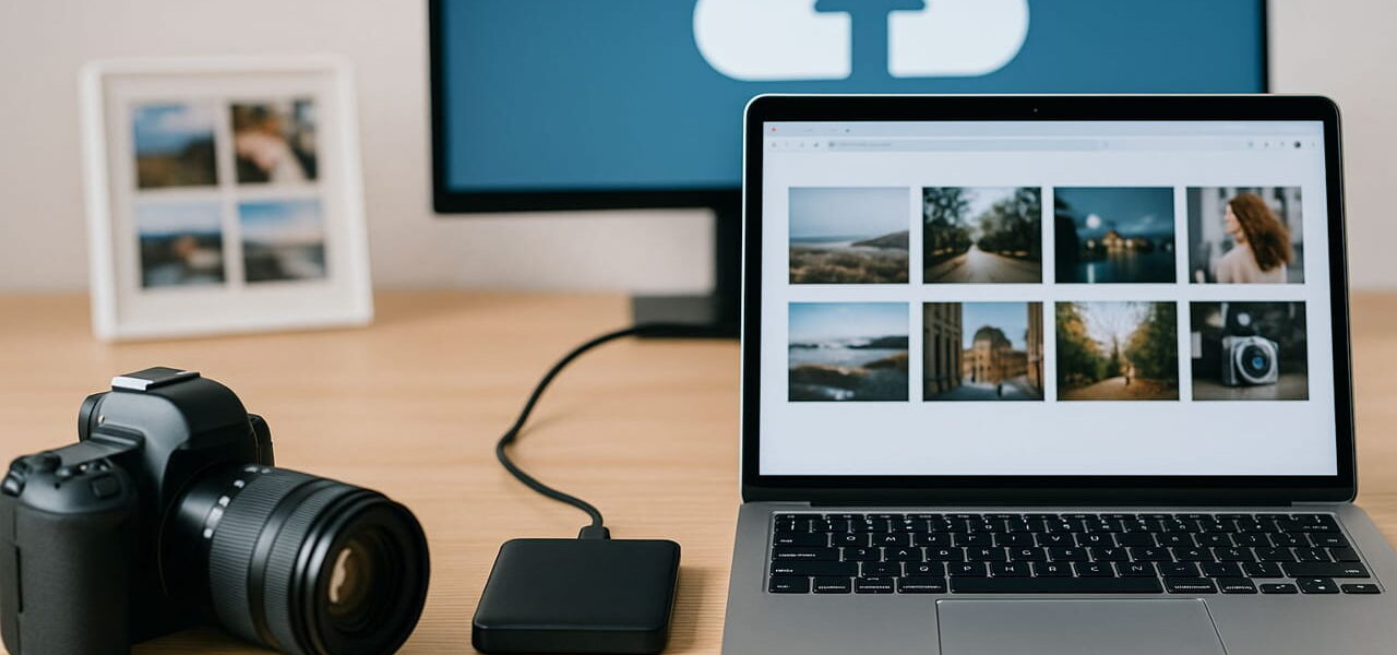 Fotos sichern mit Festplatte, Cloud und Laptop auf einem Schreibtisch