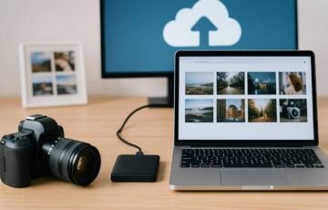Fotos sichern mit Festplatte, Cloud und Laptop auf einem Schreibtisch