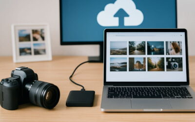 Fotos sichern mit Festplatte, Cloud und Laptop auf einem Schreibtisch