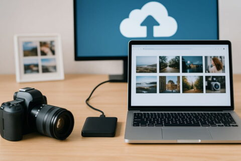 Fotos sichern mit Festplatte, Cloud und Laptop auf einem Schreibtisch