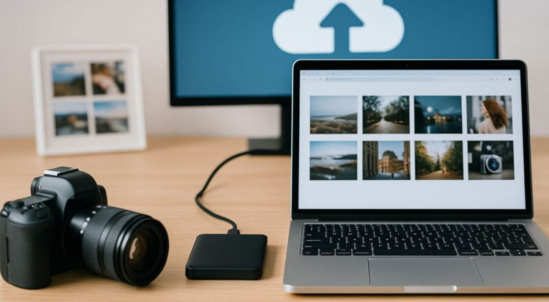 Fotos sichern mit Festplatte, Cloud und Laptop auf einem Schreibtisch