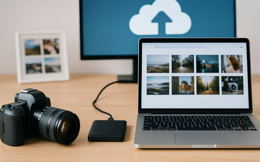 Fotos sichern mit Festplatte, Cloud und Laptop auf einem Schreibtisch