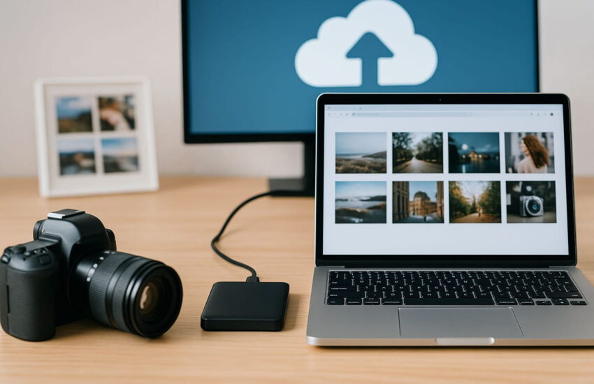 Fotos sichern mit Festplatte, Cloud und Laptop auf einem Schreibtisch