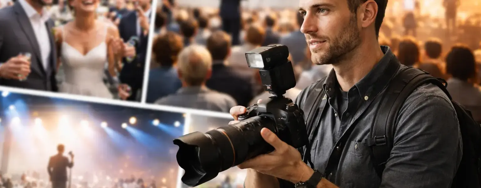 Fotograf bei der Arbeit auf einem Event mit Publikum und Bühnenlicht