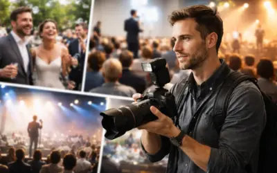 Fotograf bei der Arbeit auf einem Event mit Publikum und Bühnenlicht