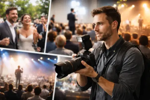 Fotograf bei der Arbeit auf einem Event mit Publikum und Bühnenlicht