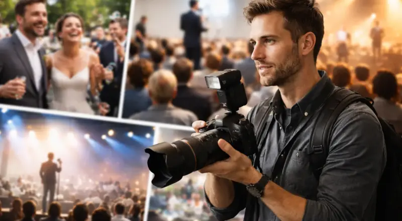 Eventfotografie leicht gemacht: Dein Leitfaden für beeindruckende Bilder 6 Fotograf bei der Arbeit auf einem Event mit Publikum und Bühnenlicht