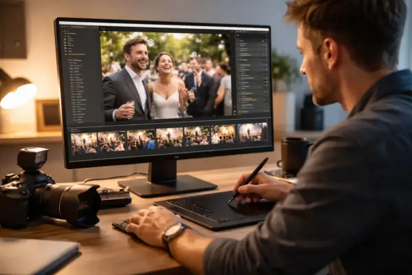 Eventfotografie: Bildauswahl und Nachbearbeitung für einen einheitlichen Look Fotograf bearbeitet Eventfotos am Monitor und wählt Bilder aus