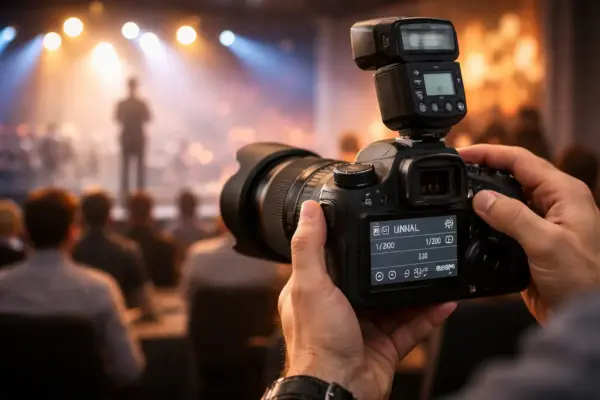 Eventfotografie: Kameraeinstellungen bei wechselnden Lichtverhältnissen Fotograf passt Kameraeinstellungen bei einem Event mit Bühnenlicht an
