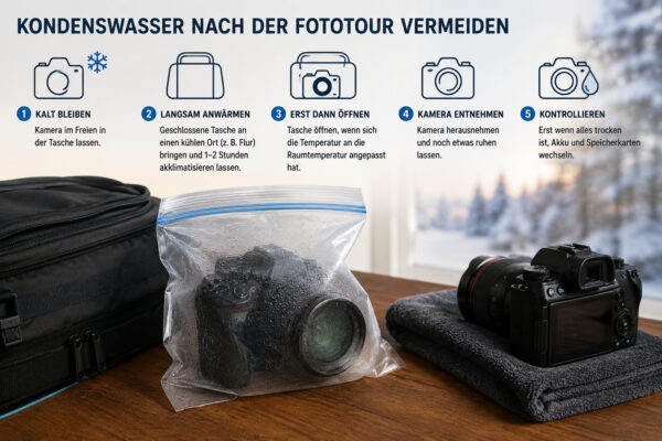 Fotografieren im Winter – Kondenswasser an der Kamera vermeiden Kondenswasser an der Kamera nach dem Fotografieren im Winter vermeiden