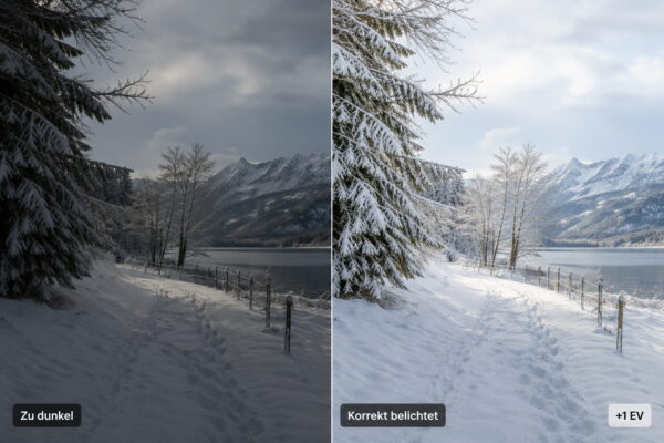 Fotografieren im Winter – Schnee richtig belichten Vergleich beim Fotografieren im Winter: Schnee zu dunkel und korrekt belichtet