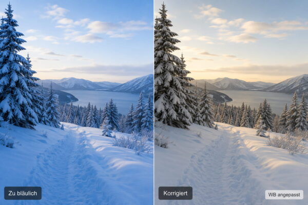 Fotografieren im Winter – Weißabgleich für natürlichen Schnee Vergleich beim Fotografieren im Winter: bläulicher Schnee und korrigierter Weißabgleich