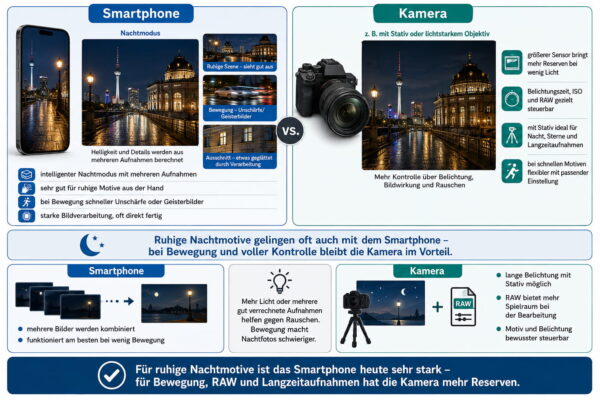 Smartphone gegen Kamera: Nachtmodus und Nachtaufnahme bei wenig Licht im Vergleich