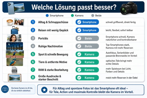 Smartphone gegen Kamera: Vergleich für Alltag, Reisen, Porträts, Nacht, Sport und Tierfotografie