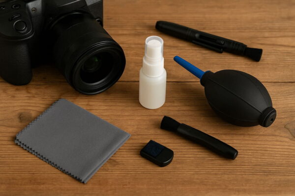 Reinigungsset für Kameras – Zubehör für klare Objektive und saubere Sensoren Reinigungszubehör für Kamera: Blasebalg, Mikrofasertuch, Reinigungsstift und Spray neben DSLR auf Holztisch