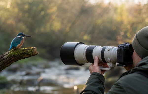 Fotograf mit Teleobjektiv fotografiert einen Eisvogel in natürlicher Umgebung