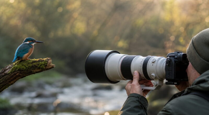 Fotograf mit Teleobjektiv fotografiert einen Eisvogel in natürlicher Umgebung