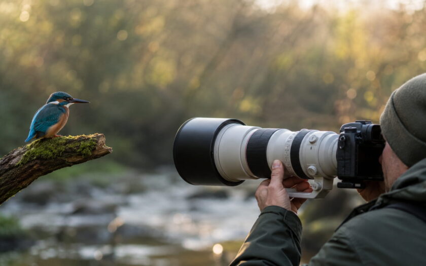 Fotograf mit Teleobjektiv fotografiert einen Eisvogel in natürlicher Umgebung