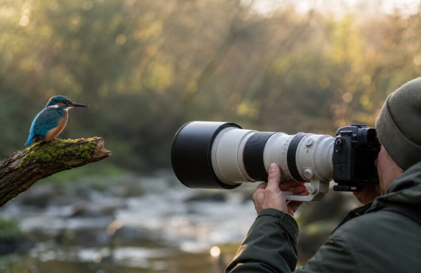 Fotograf mit Teleobjektiv fotografiert einen Eisvogel in natürlicher Umgebung