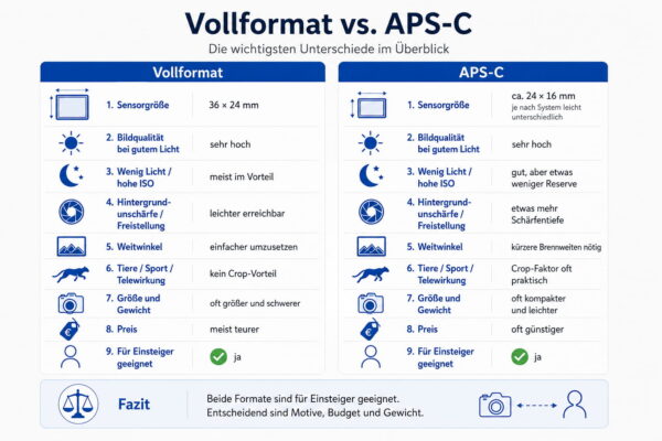 Vollformat vs. APS-C: Die wichtigsten Unterschiede im Überblick Vergleich von Vollformat und APS-C mit den wichtigsten Unterschieden für Einsteiger