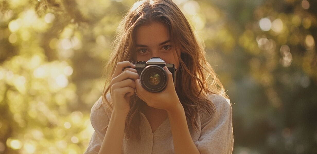 Junge Frau fotografiert in der Natur, stärkt ihr Selbstbewusstsein