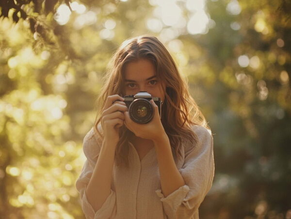 Fotografie als Weg zu mehr Selbstbewusstsein Junge Frau fotografiert in der Natur, stärkt ihr Selbstbewusstsein