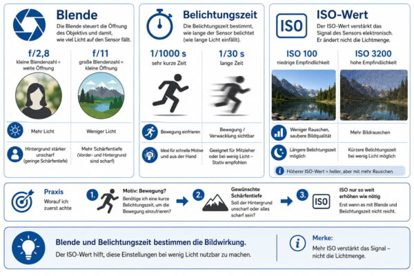Blende, Belichtungszeit und ISO-Wert im Vergleich Zusammenspiel von Blende, Belichtungszeit und ISO-Wert mit Auswirkungen auf Schärfentiefe, Bewegung und Bildrauschen