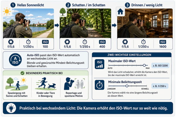 ISO-Automatik bei wechselnden Lichtverhältnissen einsetzen ISO-Automatik passt den ISO-Wert bei wechselndem Licht an und berücksichtigt maximale ISO-Grenze sowie minimale Belichtungszeit