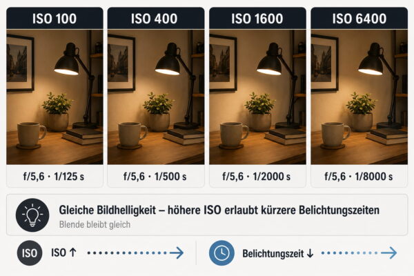ISO-Wert und Belichtungszeit im Vergleich Vergleich von ISO 100 bis ISO 6400 mit entsprechend kürzeren Belichtungszeiten bei gleicher Bildhelligkeit