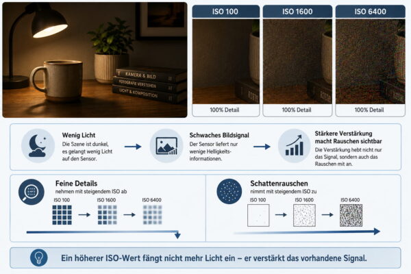 ISO-Wert und Bildrauschen im Vergleich ISO-Wert im Vergleich: 100-Prozent-Details bei ISO 100, ISO 1600 und ISO 6400 zeigen zunehmendes Bildrauschen