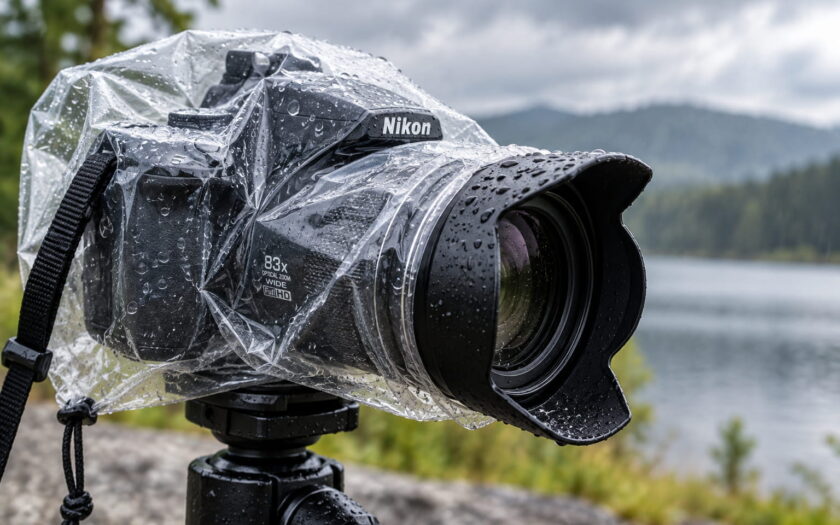 Kamera-Regenschutz für eine Bridgekamera bei Regen
