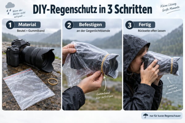 Kamera-Regenschutz als einfache DIY-Notlösung DIY-Kamera-Regenschutz mit Beutel und Gummiband