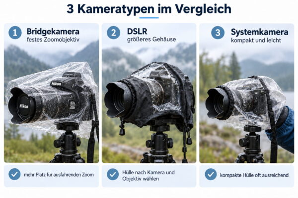 Kamera-Regenschutz für verschiedene Kameratypen Kamera-Regenschutz für Bridgekamera, DSLR und Systemkamera im Vergleich