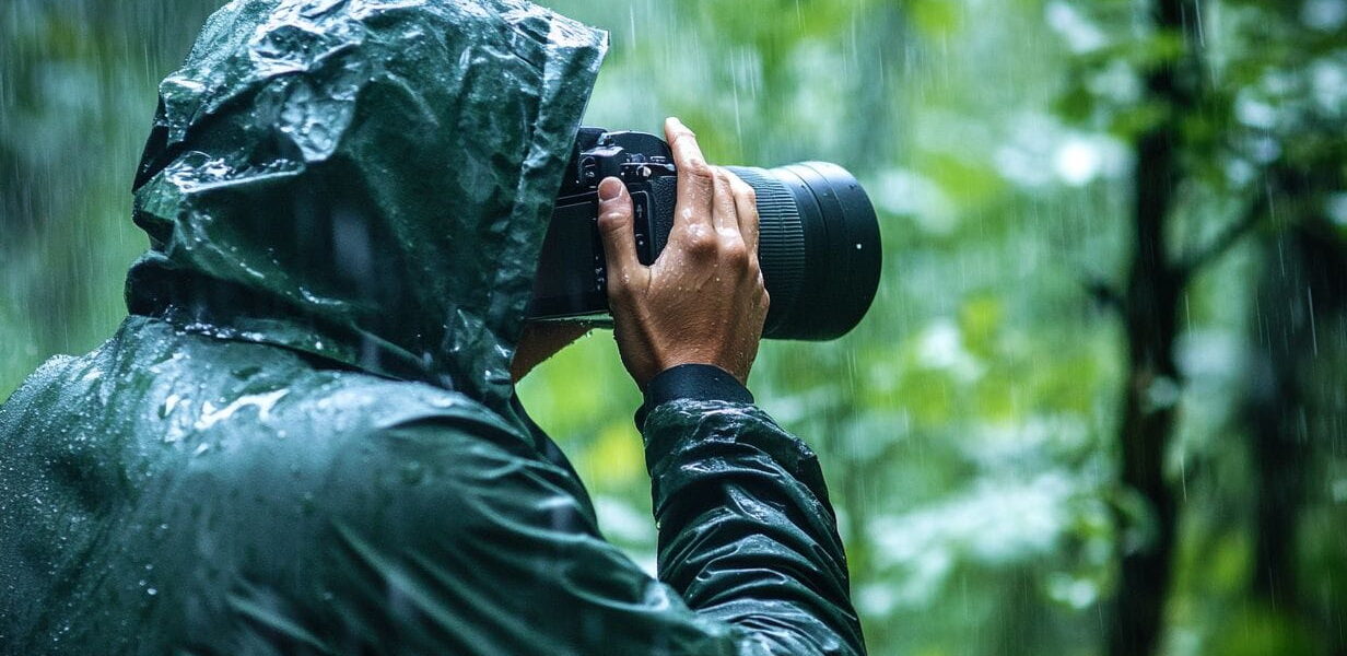Fotograf mit Kamera-Regenschutz im Wald bei Regen