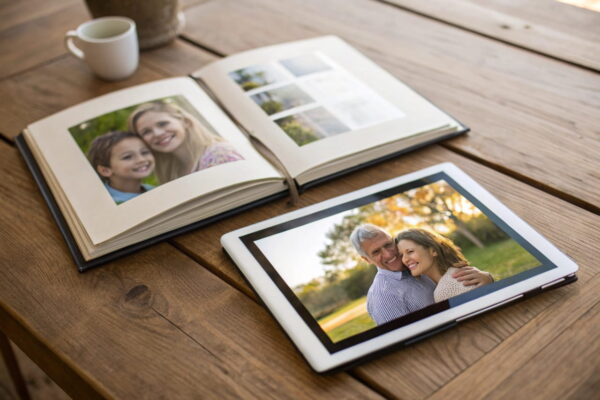 Vergleich zwischen einem offenen Fotoalbum und einem Tablet mit Familienfotos, die auf einem Holztisch liegen.