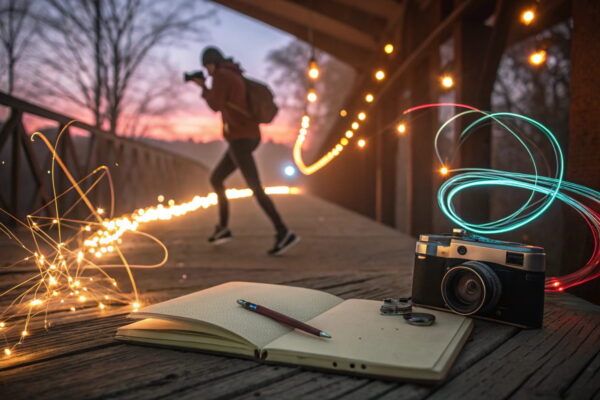 Künstlerische Freiheit: Experimentelle Fotografie und kreative Fotografie-Trends Surreale experimentelle Fotografie mit Doppelbelichtung, Lichtspuren und abstraktem Bokeh, ergänzt durch kreatives Arbeitsumfeld.