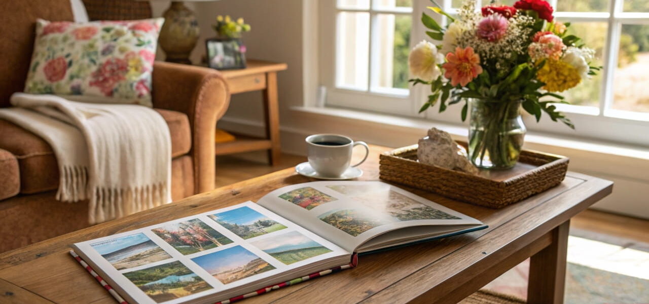 Offenes Fotoalbum auf einem Couchtisch, gefüllt mit Familienfotos und umgeben von gemütlicher Dekoration.
