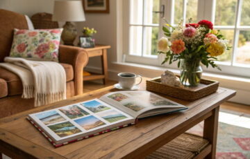 Offenes Fotoalbum auf einem Couchtisch, gefüllt mit Familienfotos und umgeben von gemütlicher Dekoration.