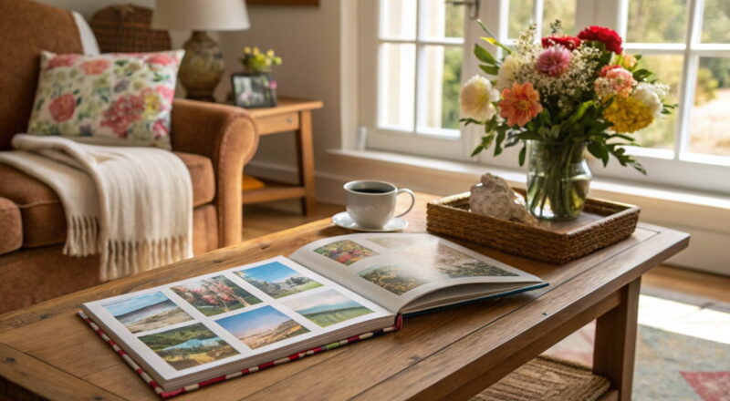 Offenes Fotoalbum auf einem Couchtisch, gefüllt mit Familienfotos und umgeben von gemütlicher Dekoration.
