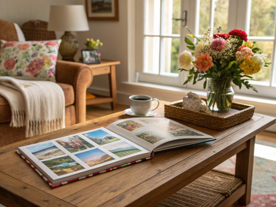 Offenes Fotoalbum auf einem Couchtisch, gefüllt mit Familienfotos und umgeben von gemütlicher Dekoration.