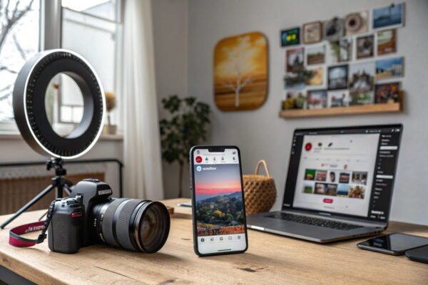 Fotografie-Trends: Social Media und ihre Wirkung auf die Fotografie Smartphone mit Instagram-Foto, umgeben von Kameraequipment und kreativem Arbeitsplatz, zeigt die Verbindung von Social Media und Fotografie-Trends.