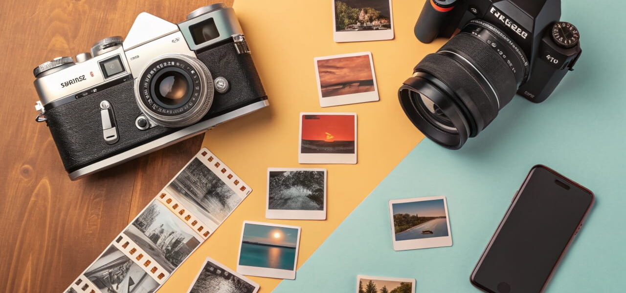 Collage der fotografischen Evolution: Vintage-Kamera, Polaroid, DSLR und Smartphone in einem Arbeitsbereich, der den Wandel der Fotografie zeigt.