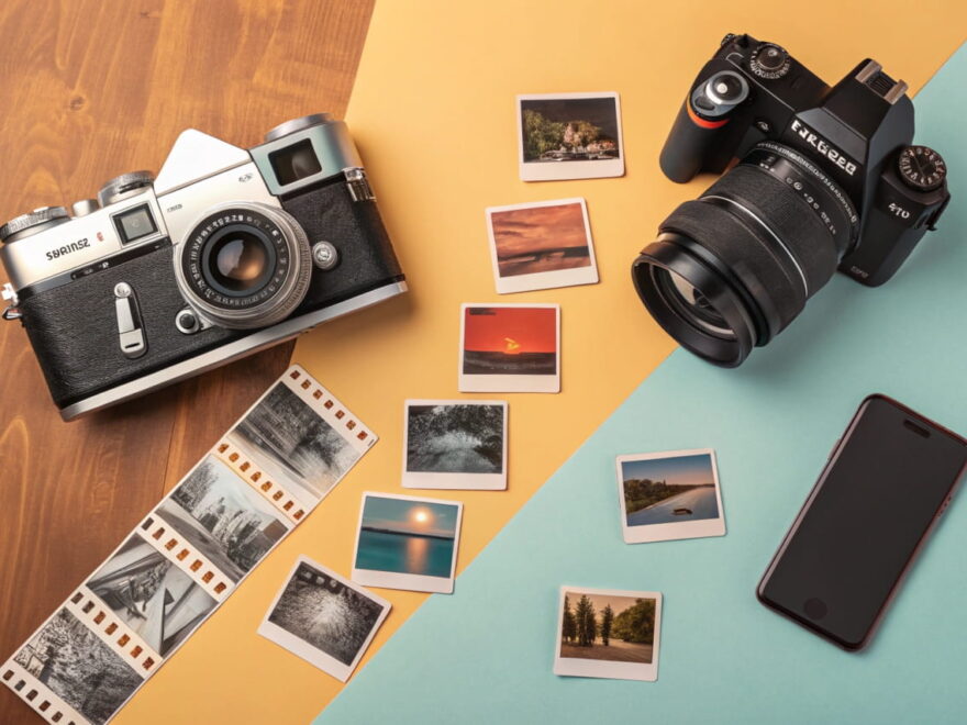 Collage der fotografischen Evolution: Vintage-Kamera, Polaroid, DSLR und Smartphone in einem Arbeitsbereich, der den Wandel der Fotografie zeigt.