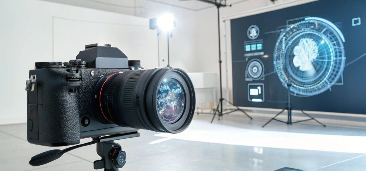 Moderne Kamera mit holographischen KI-Elementen, die die Verbindung von künstlicher Intelligenz und Fotografie zeigt.