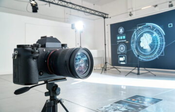Moderne Kamera mit holographischen KI-Elementen, die die Verbindung von künstlicher Intelligenz und Fotografie zeigt.