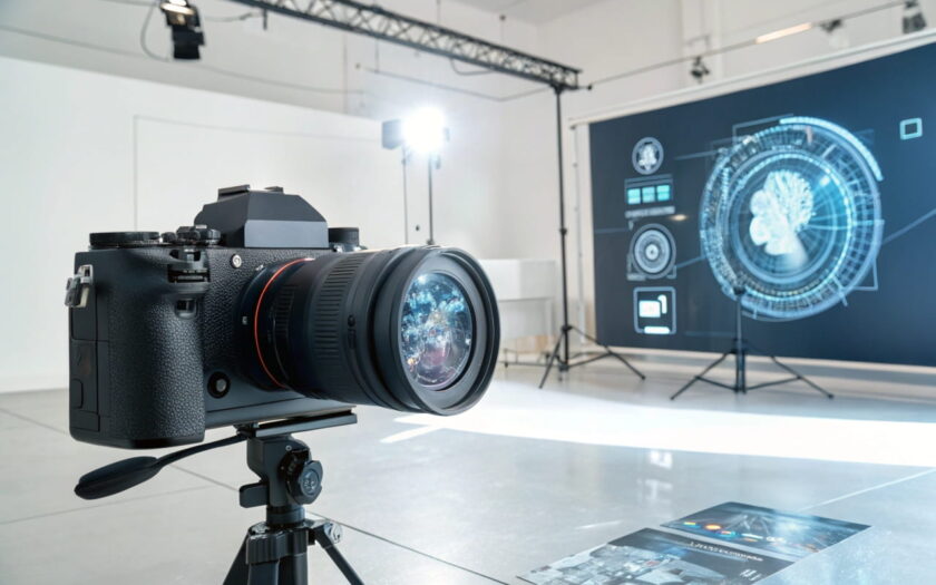 Moderne Kamera mit holographischen KI-Elementen, die die Verbindung von künstlicher Intelligenz und Fotografie zeigt.