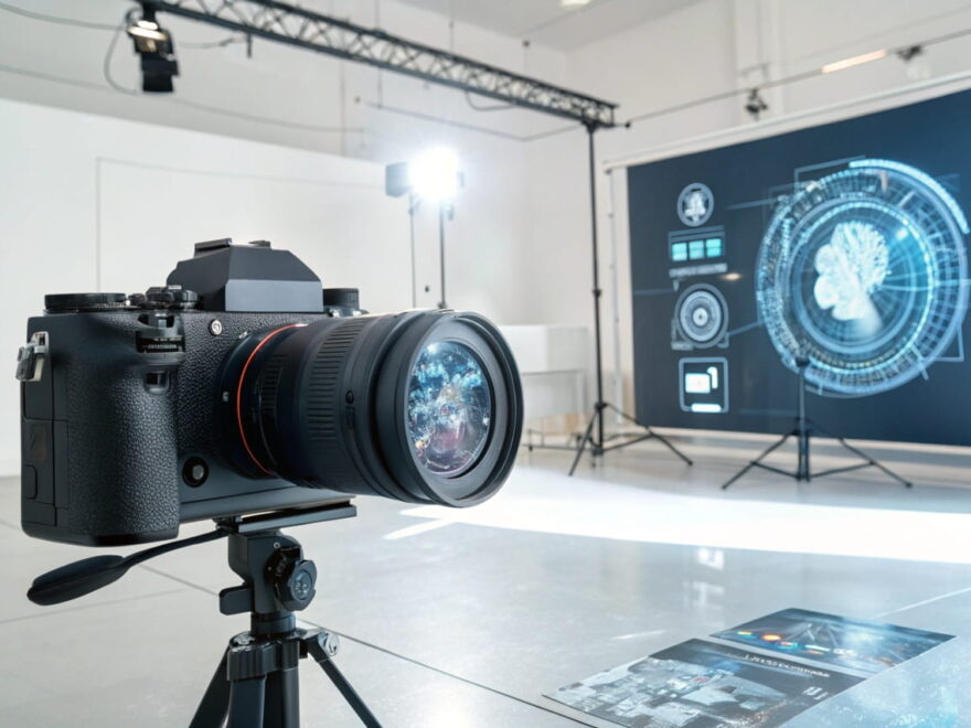 Moderne Kamera mit holographischen KI-Elementen, die die Verbindung von künstlicher Intelligenz und Fotografie zeigt.