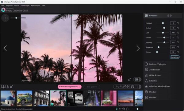 Korrekturansicht im Ashampoo Photo Optimizer 2025 – Bildbearbeitung leicht gemacht Screenshot der Korrekturoberfläche im Ashampoo Photo Optimizer 2025 mit einem Beispielbild, das automatisch optimiert wurde.