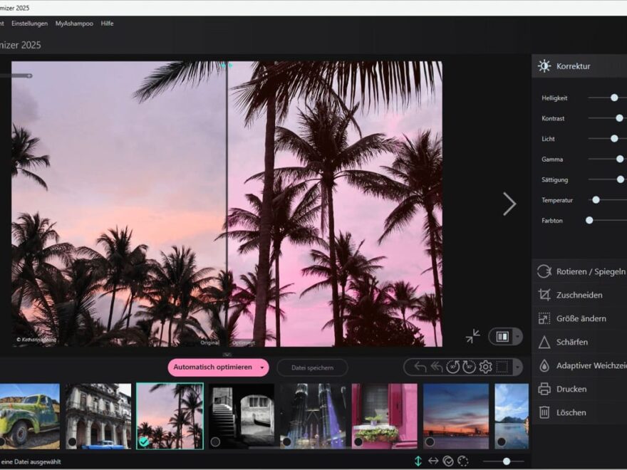 Screenshot der Korrekturoberfläche im Ashampoo Photo Optimizer 2025 mit einem Beispielbild, das automatisch optimiert wurde.